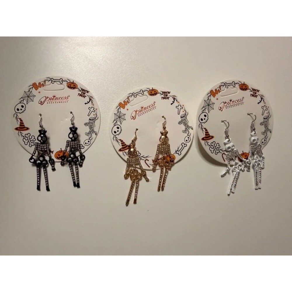 3 Pair Skeleton Rhinestone Earrings Set | Halloween Spooky Jewelry